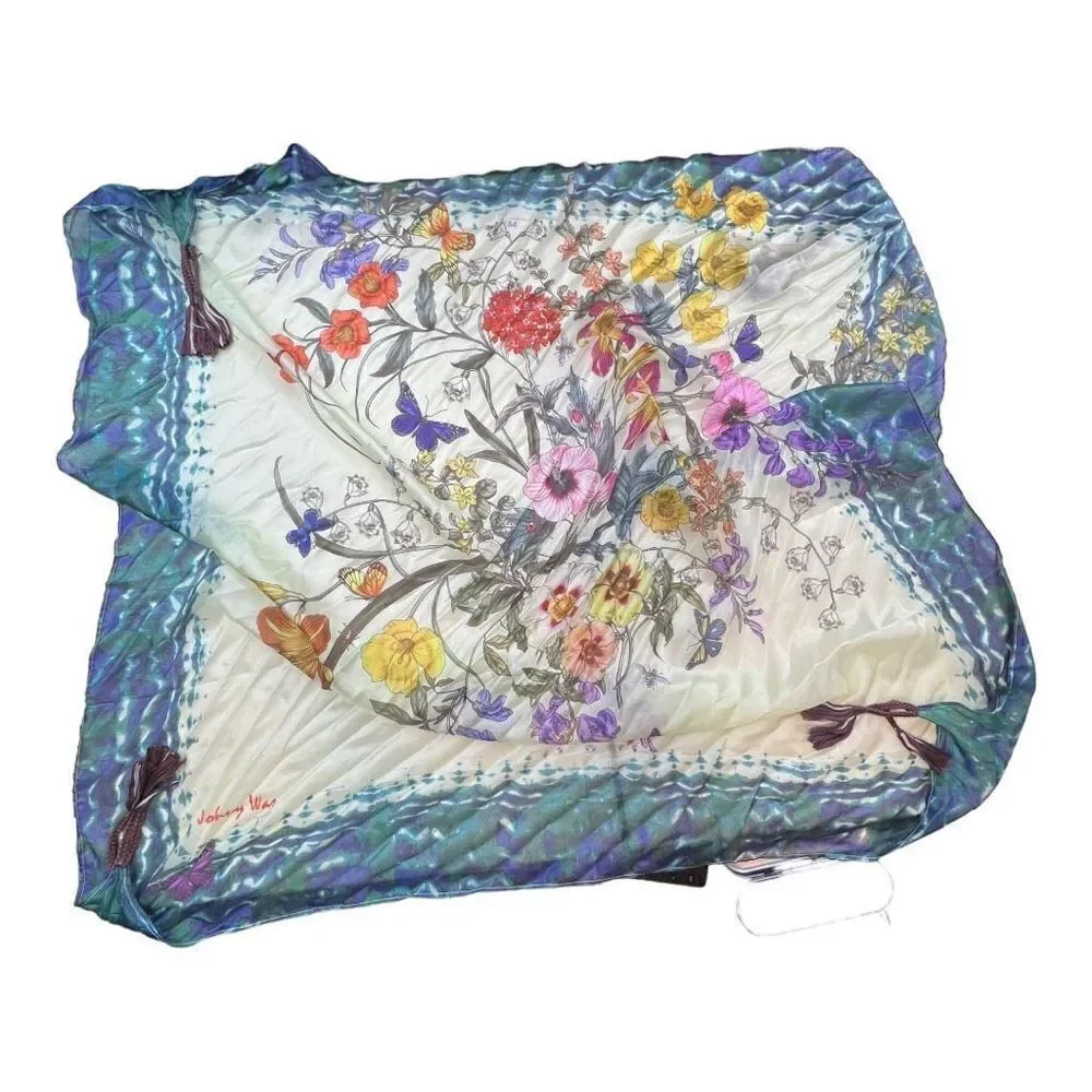 Johhny Was Women's Multi-Color Floral Butterfly Corner Tassel Square Scarf Wraps